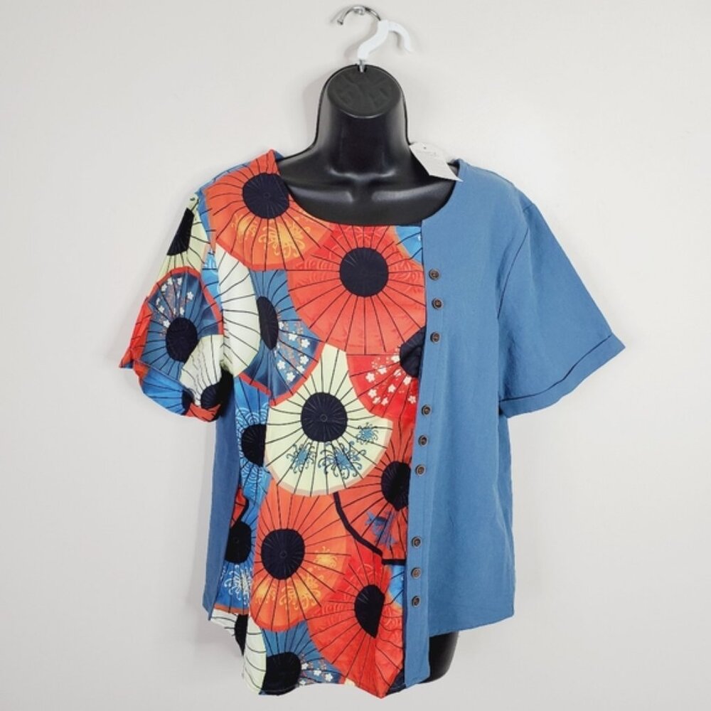 NWT Boutique Patchwork Artsy Boho Lagenlook Retro Cotton Denim Floral Top XL